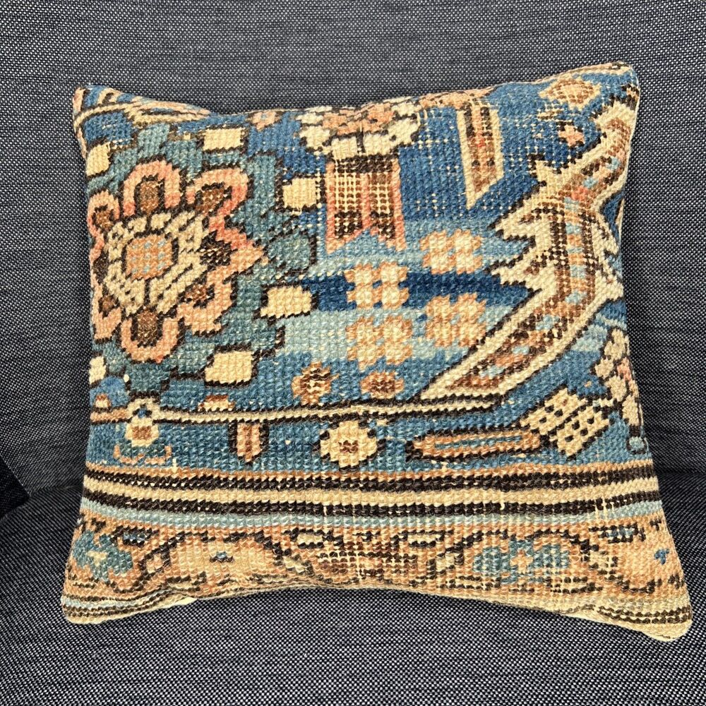 Kilim Throw Accent Pillow Turkish 12"x12" Blue Tan Rug